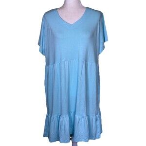 Dulayoo Womens Light Blue Tiered Casual Boho Babydoll Swing Dress Organic Sz 2XL